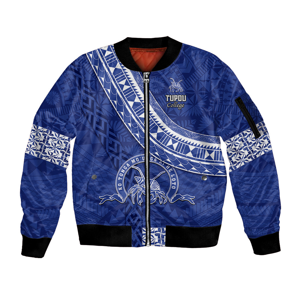 Custom Tupou College Sleeve Zip Bomber Jacket Tongan Kupesi Pattern LT05 Unisex Blue - Polynesian Pride