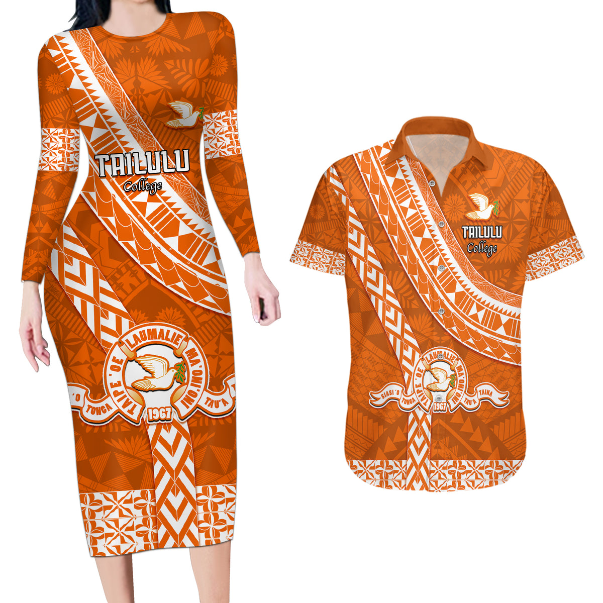 Custom Tailulu College Couples Matching Long Sleeve Bodycon Dress and Hawaiian Shirt Tongan Kupesi Pattern LT05 Orange - Polynesian Pride