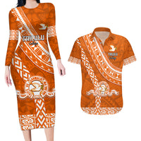 Custom Tailulu College Couples Matching Long Sleeve Bodycon Dress and Hawaiian Shirt Tongan Kupesi Pattern LT05 Orange - Polynesian Pride