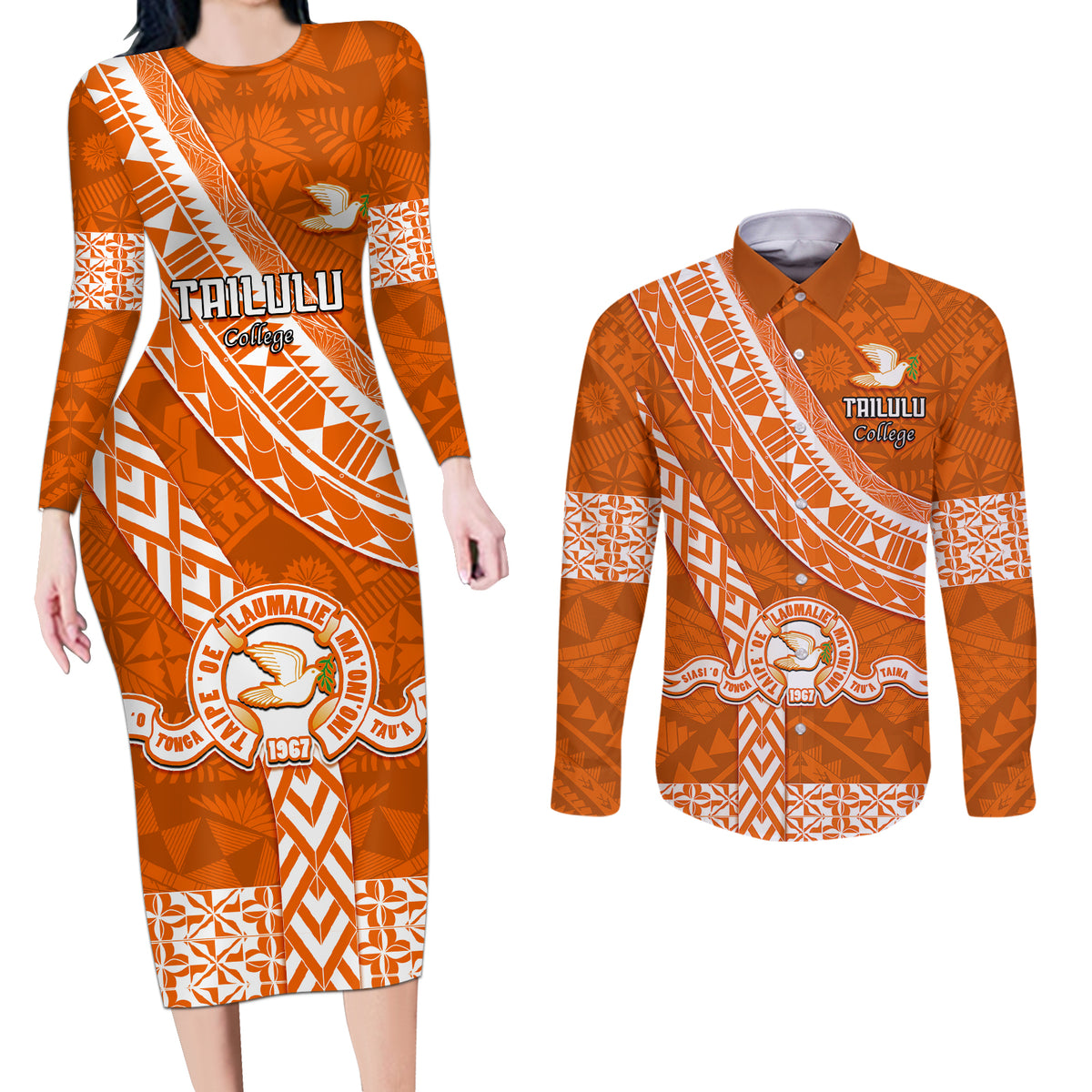 Custom Tailulu College Couples Matching Long Sleeve Bodycon Dress and Long Sleeve Button Shirts Tongan Kupesi Pattern LT05 Orange - Polynesian Pride