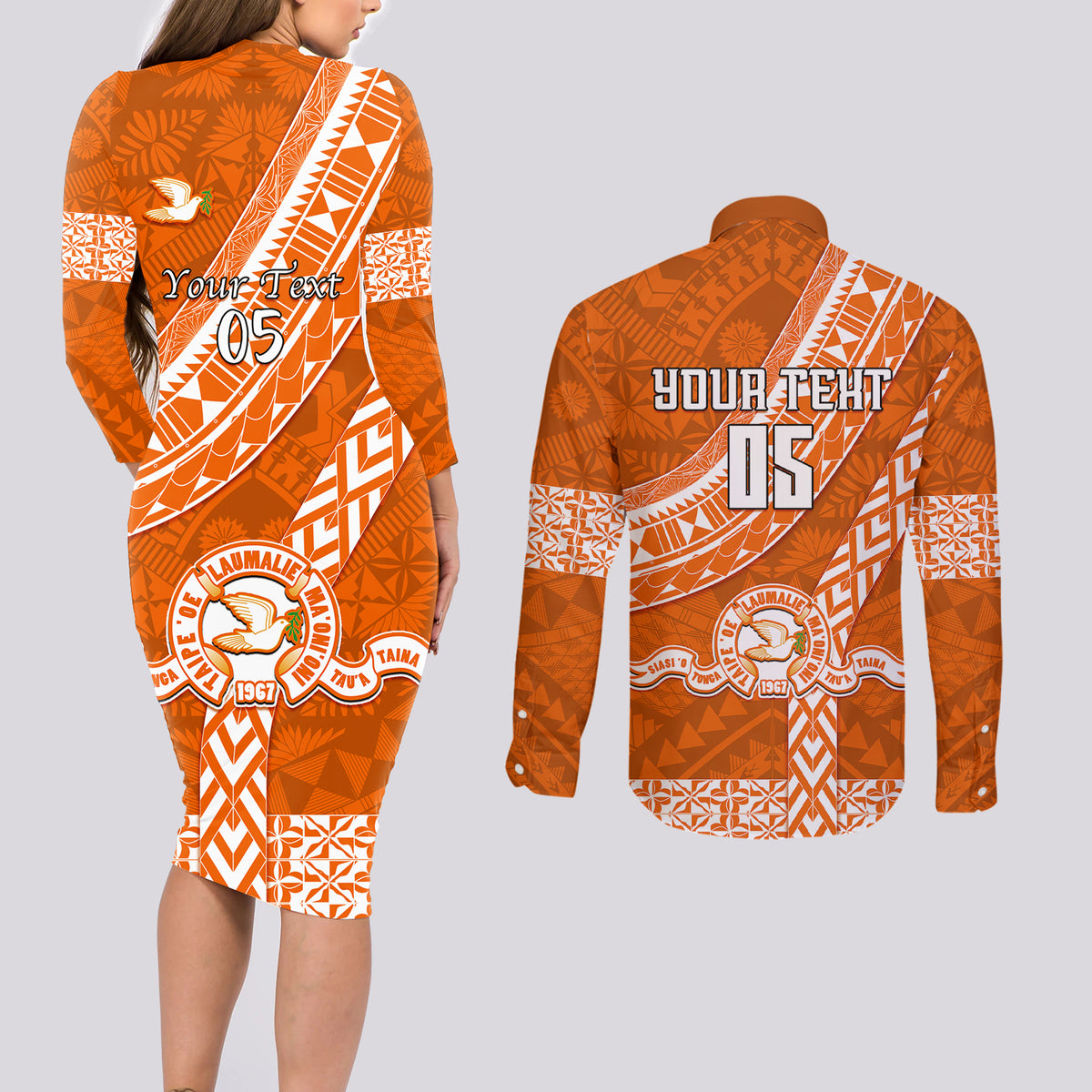Custom Tailulu College Couples Matching Long Sleeve Bodycon Dress and Long Sleeve Button Shirts Tongan Kupesi Pattern LT05 - Polynesian Pride