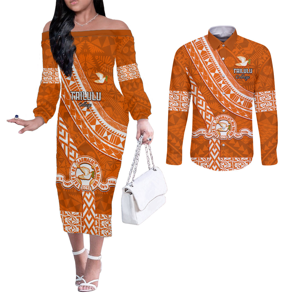 Custom Tailulu College Couples Matching Off The Shoulder Long Sleeve Dress and Long Sleeve Button Shirts Tongan Kupesi Pattern LT05 Orange - Polynesian Pride