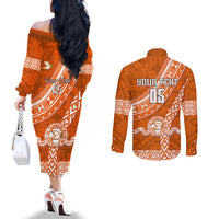 Custom Tailulu College Couples Matching Off The Shoulder Long Sleeve Dress and Long Sleeve Button Shirts Tongan Kupesi Pattern LT05 - Polynesian Pride
