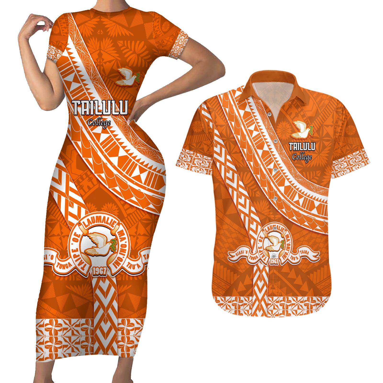 Custom Tailulu College Couples Matching Short Sleeve Bodycon Dress and Hawaiian Shirt Tongan Kupesi Pattern LT05 Orange - Polynesian Pride