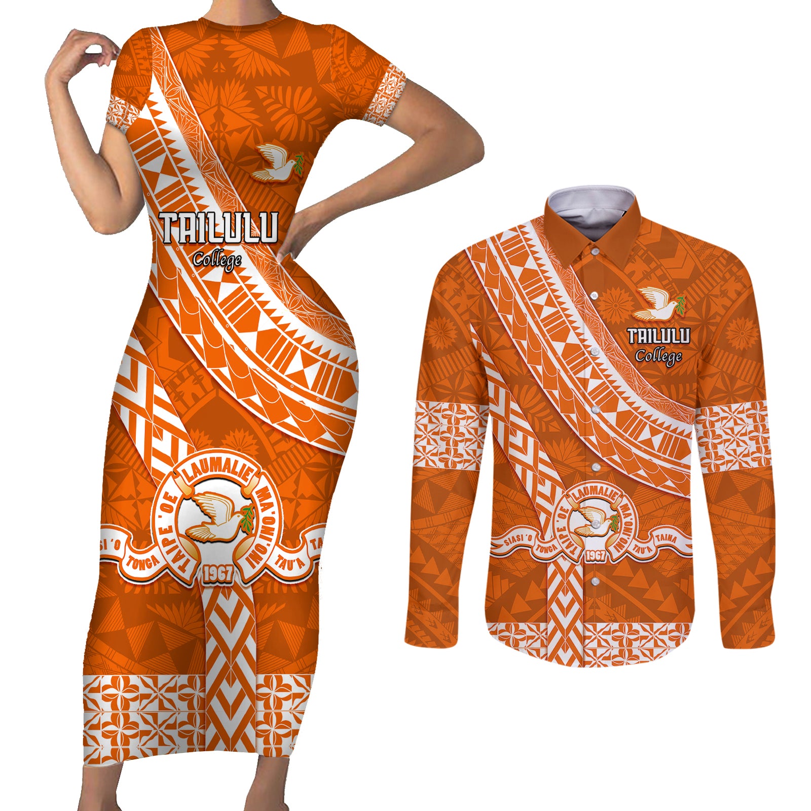 Custom Tailulu College Couples Matching Short Sleeve Bodycon Dress and Long Sleeve Button Shirts Tongan Kupesi Pattern LT05 Orange - Polynesian Pride