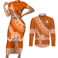 Custom Tailulu College Couples Matching Short Sleeve Bodycon Dress and Long Sleeve Button Shirts Tongan Kupesi Pattern LT05 Orange - Polynesian Pride