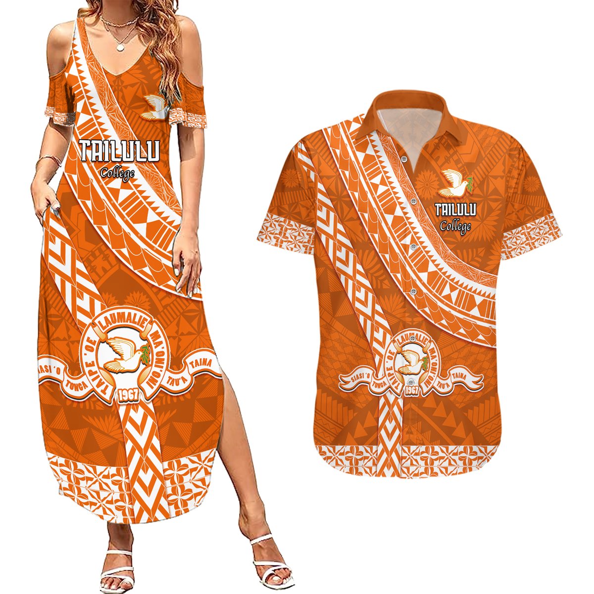 Custom Tailulu College Couples Matching Summer Maxi Dress and Hawaiian Shirt Tongan Kupesi Pattern LT05 Orange - Polynesian Pride