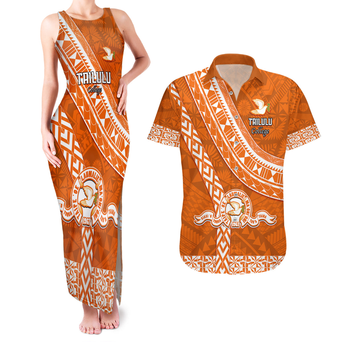 Custom Tailulu College Couples Matching Tank Maxi Dress and Hawaiian Shirt Tongan Kupesi Pattern LT05 Orange - Polynesian Pride