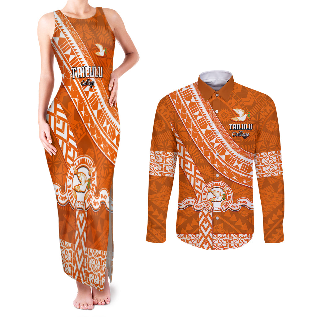 Custom Tailulu College Couples Matching Tank Maxi Dress and Long Sleeve Button Shirts Tongan Kupesi Pattern LT05 Orange - Polynesian Pride