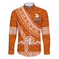 Custom Tailulu College Family Matching Off Shoulder Maxi Dress and Hawaiian Shirt Tongan Kupesi Pattern LT05 Dad's Shirt - Long Sleeve Orange - Polynesian Pride