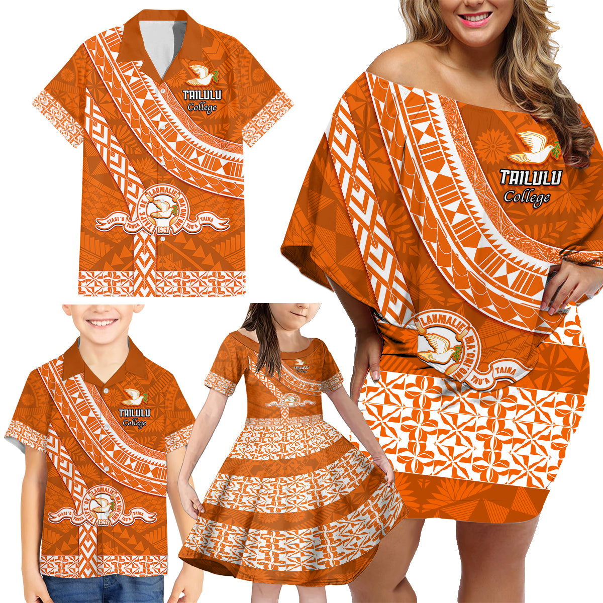 Custom Tailulu College Family Matching Off Shoulder Short Dress and Hawaiian Shirt Tongan Kupesi Pattern LT05 - Polynesian Pride