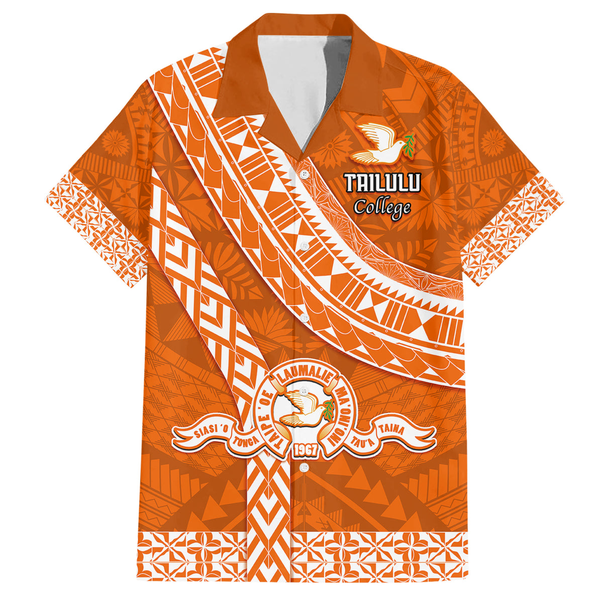 Custom Tailulu College Family Matching Short Sleeve Bodycon Dress and Hawaiian Shirt Tongan Kupesi Pattern LT05 Dad's Shirt - Short Sleeve Orange - Polynesian Pride
