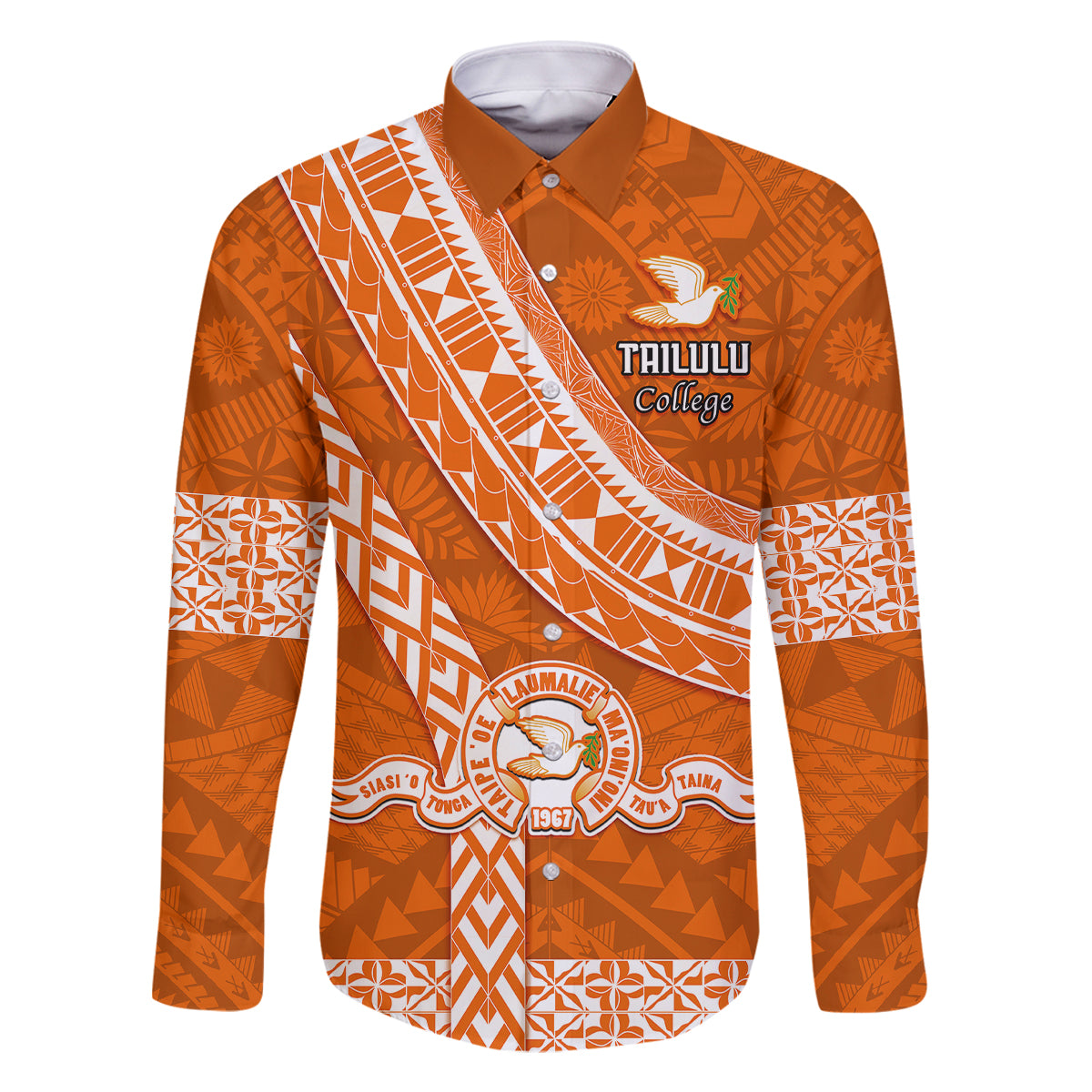 Custom Tailulu College Family Matching Summer Maxi Dress and Hawaiian Shirt Tongan Kupesi Pattern LT05 Dad's Shirt - Long Sleeve Orange - Polynesian Pride