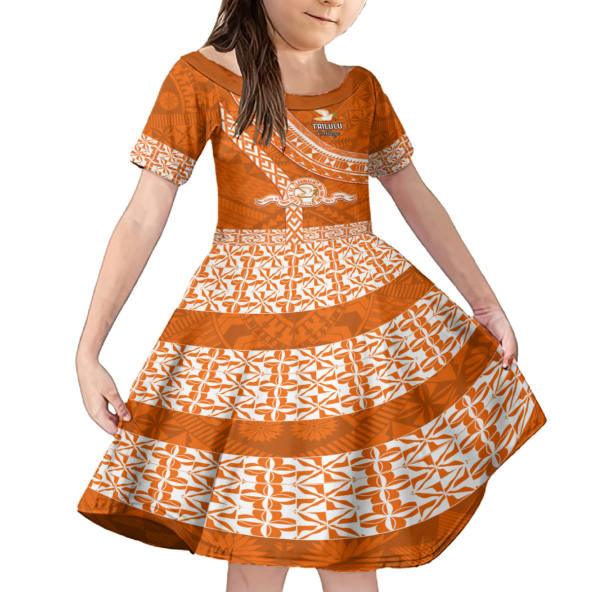 Custom Tailulu College Kid Short Sleeve Dress Tongan Kupesi Pattern LT05 KID Orange - Polynesian Pride