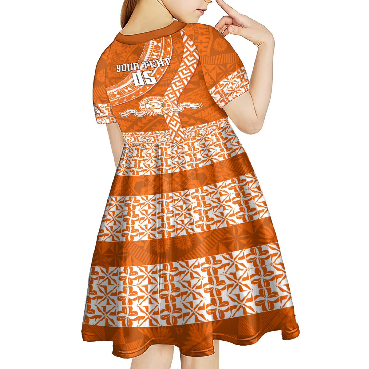 Custom Tailulu College Kid Short Sleeve Dress Tongan Kupesi Pattern LT05 - Polynesian Pride