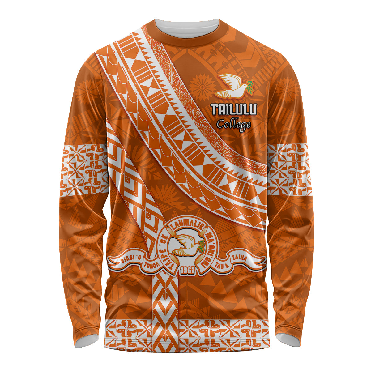 Custom Tailulu College Long Sleeve Shirt Tongan Kupesi Pattern LT05 Unisex Orange - Polynesian Pride
