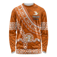 Custom Tailulu College Long Sleeve Shirt Tongan Kupesi Pattern LT05 Unisex Orange - Polynesian Pride