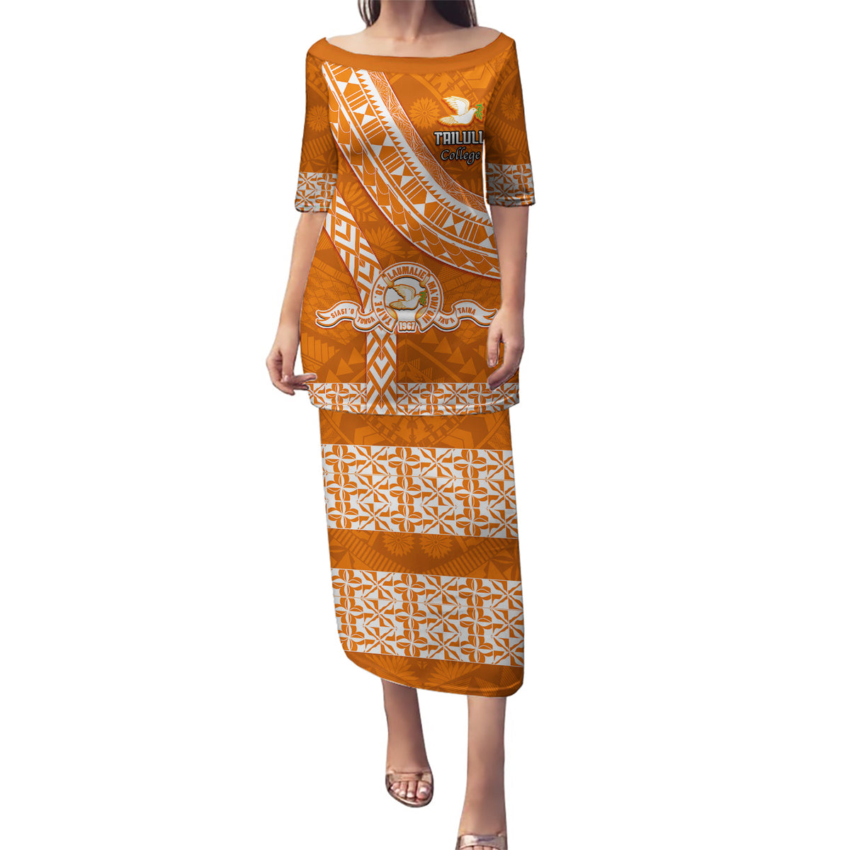 Custom Tailulu College Puletasi Tongan Kupesi Pattern LT05 Long Dress Orange - Polynesian Pride
