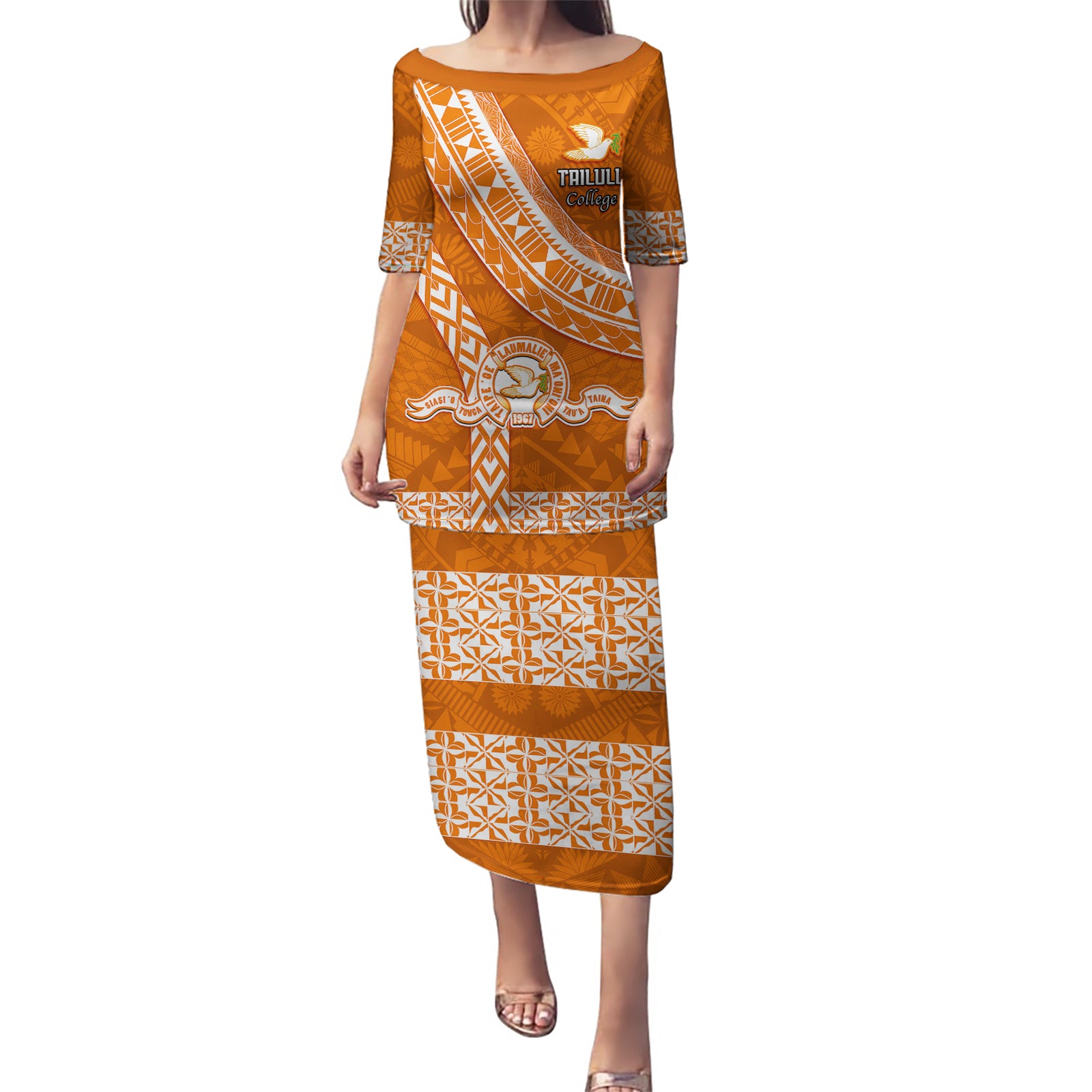 Custom Tailulu College Puletasi Tongan Kupesi Pattern LT05 Long Dress Orange - Polynesian Pride