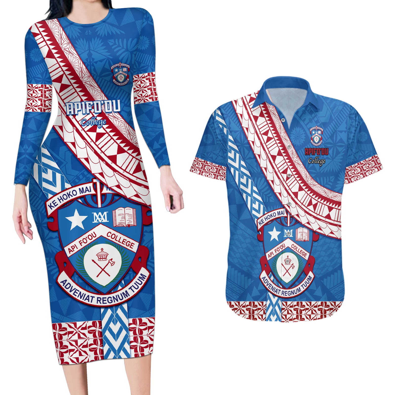 Custom Apifoou College Couples Matching Long Sleeve Bodycon Dress and Hawaiian Shirt Tongan Kupesi Pattern LT05 Blue - Polynesian Pride