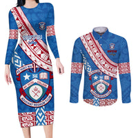 Custom Apifoou College Couples Matching Long Sleeve Bodycon Dress and Long Sleeve Button Shirts Tongan Kupesi Pattern LT05 Blue - Polynesian Pride