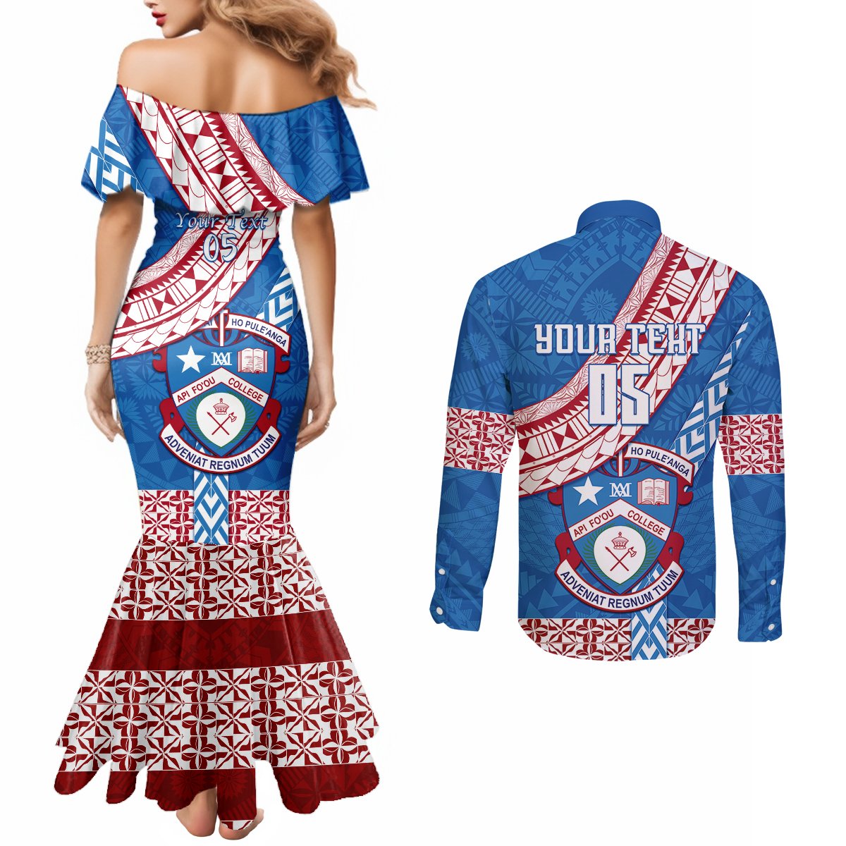 Custom Apifoou College Couples Matching Mermaid Dress and Long Sleeve Button Shirts Tongan Kupesi Pattern LT05 - Polynesian Pride