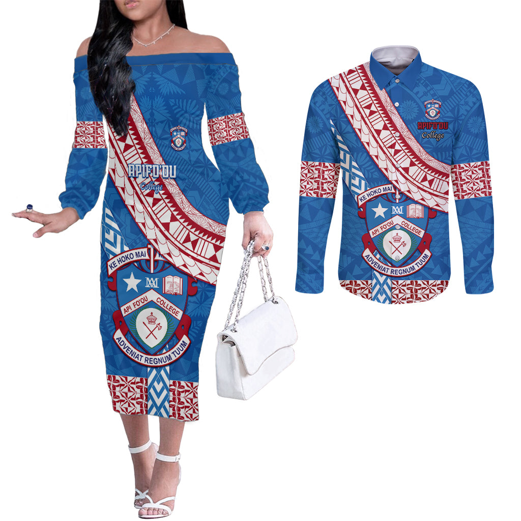 Custom Apifoou College Couples Matching Off The Shoulder Long Sleeve Dress and Long Sleeve Button Shirts Tongan Kupesi Pattern LT05 Blue - Polynesian Pride