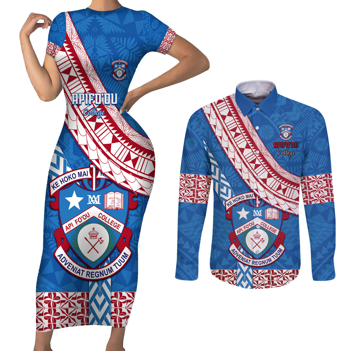 Custom Apifoou College Couples Matching Short Sleeve Bodycon Dress and Long Sleeve Button Shirts Tongan Kupesi Pattern LT05 Blue - Polynesian Pride