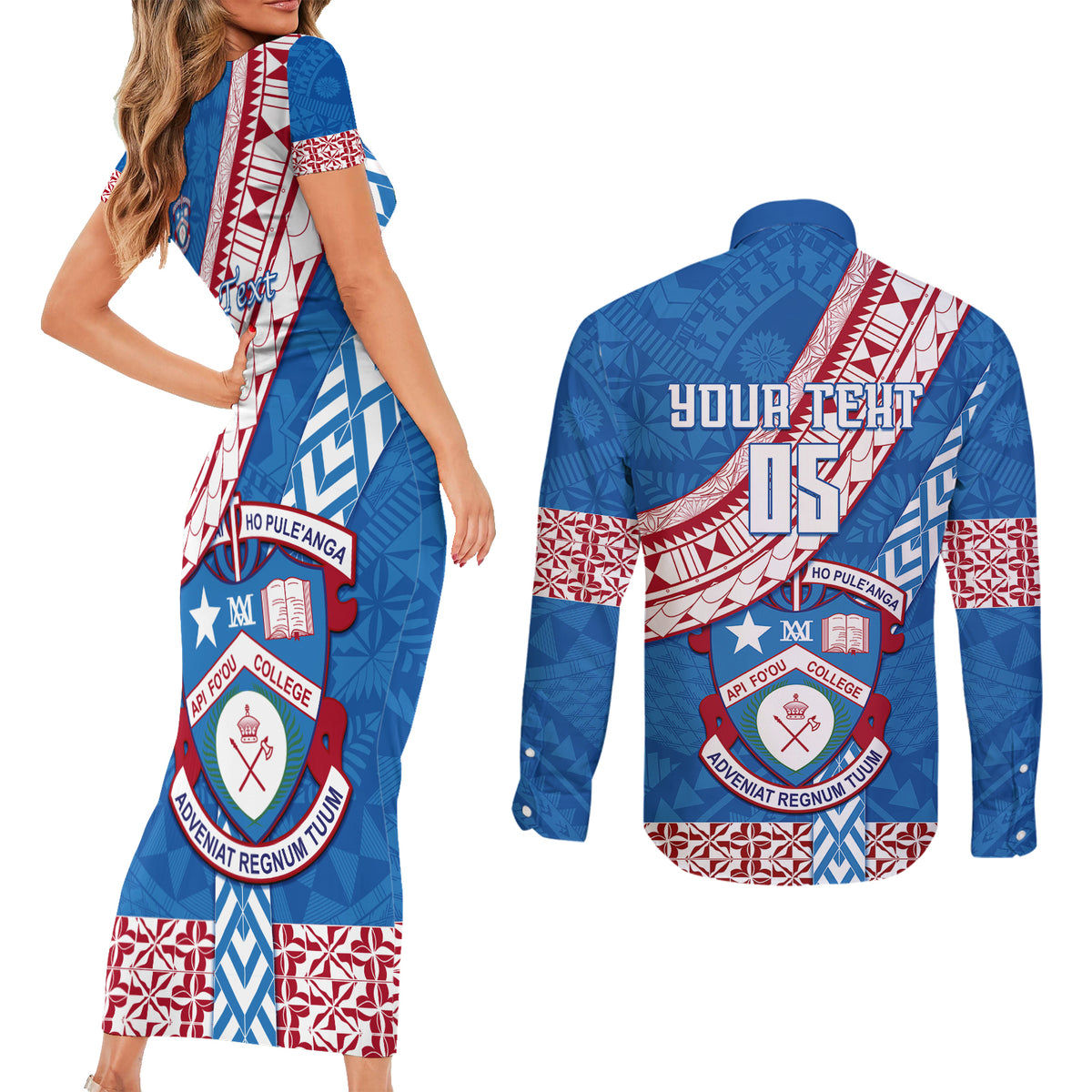 Custom Apifoou College Couples Matching Short Sleeve Bodycon Dress and Long Sleeve Button Shirts Tongan Kupesi Pattern LT05 - Polynesian Pride