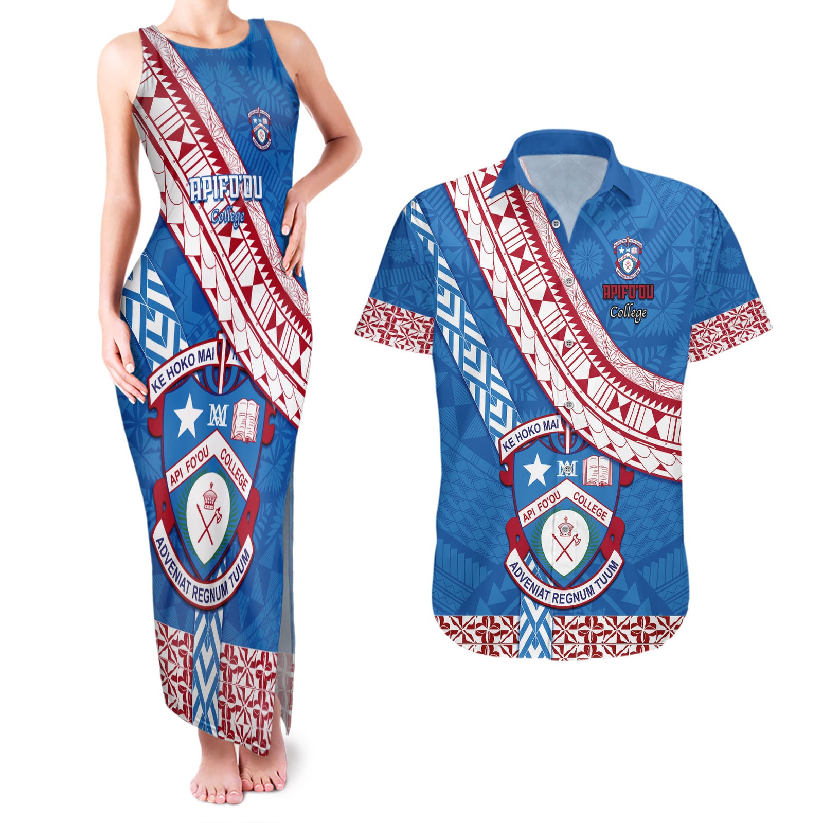 Custom Apifoou College Couples Matching Tank Maxi Dress and Hawaiian Shirt Tongan Kupesi Pattern LT05 Blue - Polynesian Pride