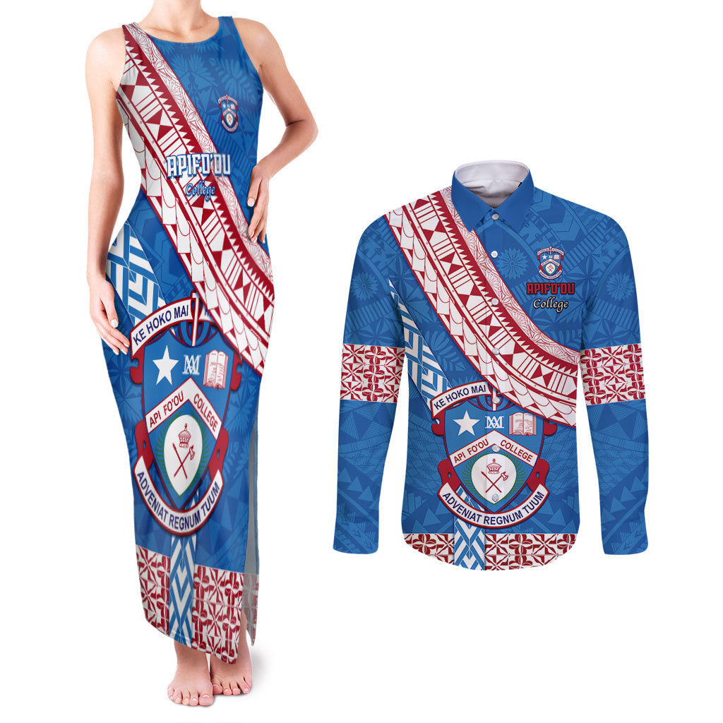 Custom Apifoou College Couples Matching Tank Maxi Dress and Long Sleeve Button Shirts Tongan Kupesi Pattern LT05 Blue - Polynesian Pride