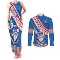 Custom Apifoou College Couples Matching Tank Maxi Dress and Long Sleeve Button Shirts Tongan Kupesi Pattern LT05 Blue - Polynesian Pride