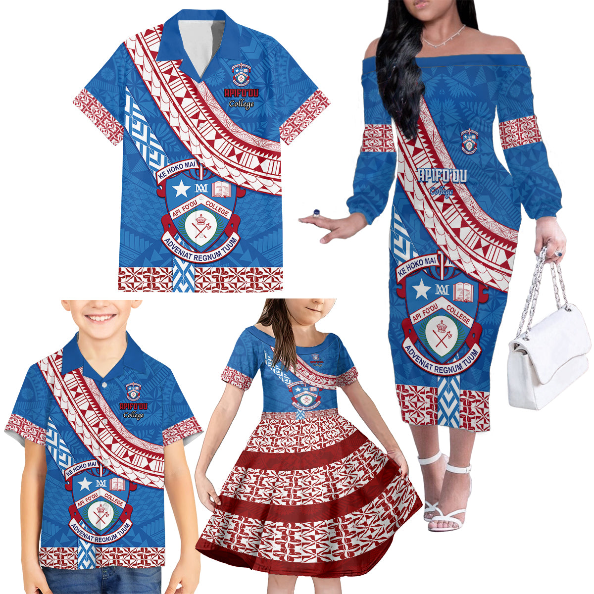 Custom Apifoou College Family Matching Off Shoulder Long Sleeve Dress and Hawaiian Shirt Tongan Kupesi Pattern LT05 - Polynesian Pride