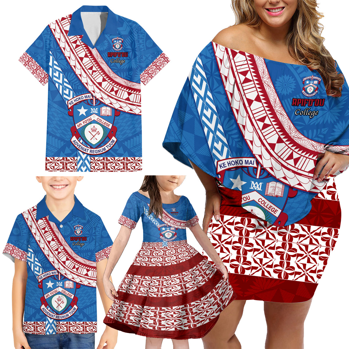 Custom Apifoou College Family Matching Off Shoulder Short Dress and Hawaiian Shirt Tongan Kupesi Pattern LT05 - Polynesian Pride