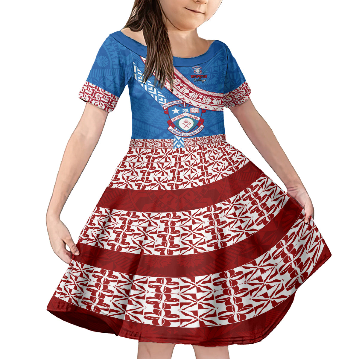 Custom Apifoou College Family Matching Puletasi Dress and Hawaiian Shirt Tongan Kupesi Pattern LT05 Daughter's Dress Blue - Polynesian Pride