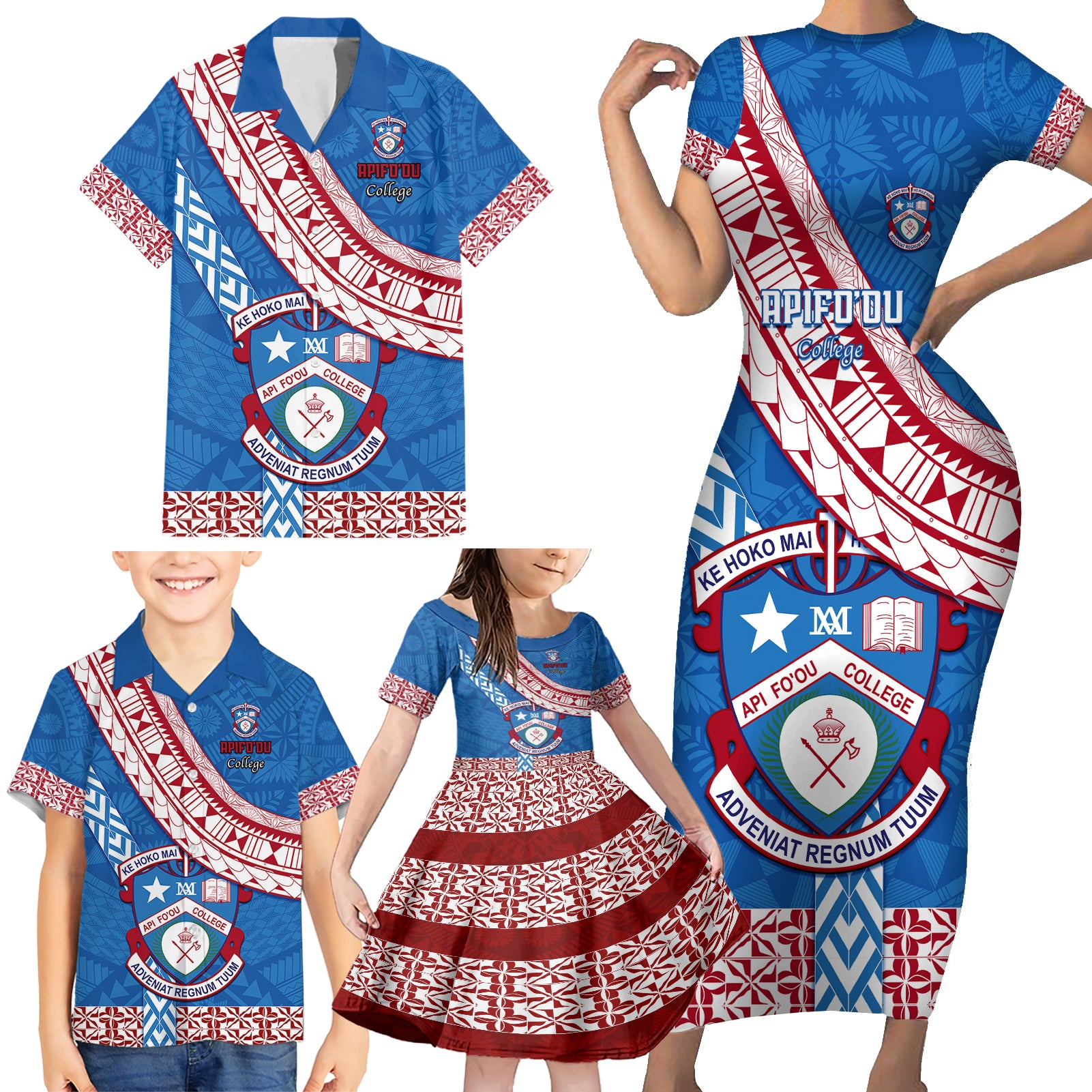 Custom Apifoou College Family Matching Short Sleeve Bodycon Dress and Hawaiian Shirt Tongan Kupesi Pattern LT05 - Polynesian Pride