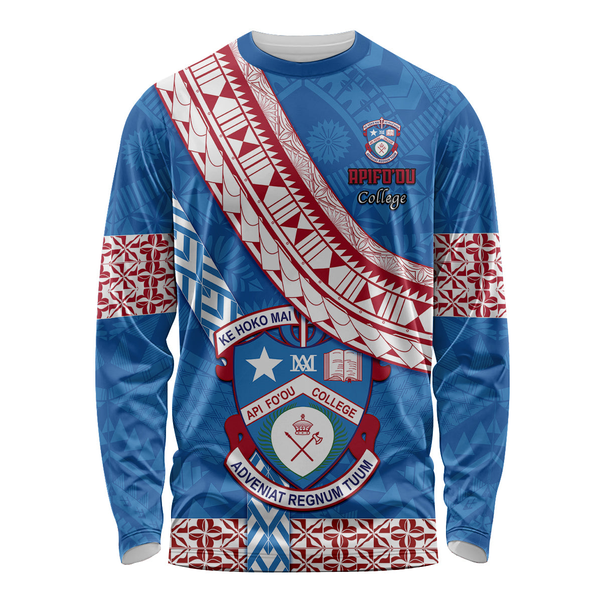 Custom Apifoou College Long Sleeve Shirt Tongan Kupesi Pattern LT05 Unisex Blue - Polynesian Pride