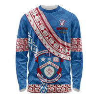 Custom Apifoou College Long Sleeve Shirt Tongan Kupesi Pattern LT05 Unisex Blue - Polynesian Pride