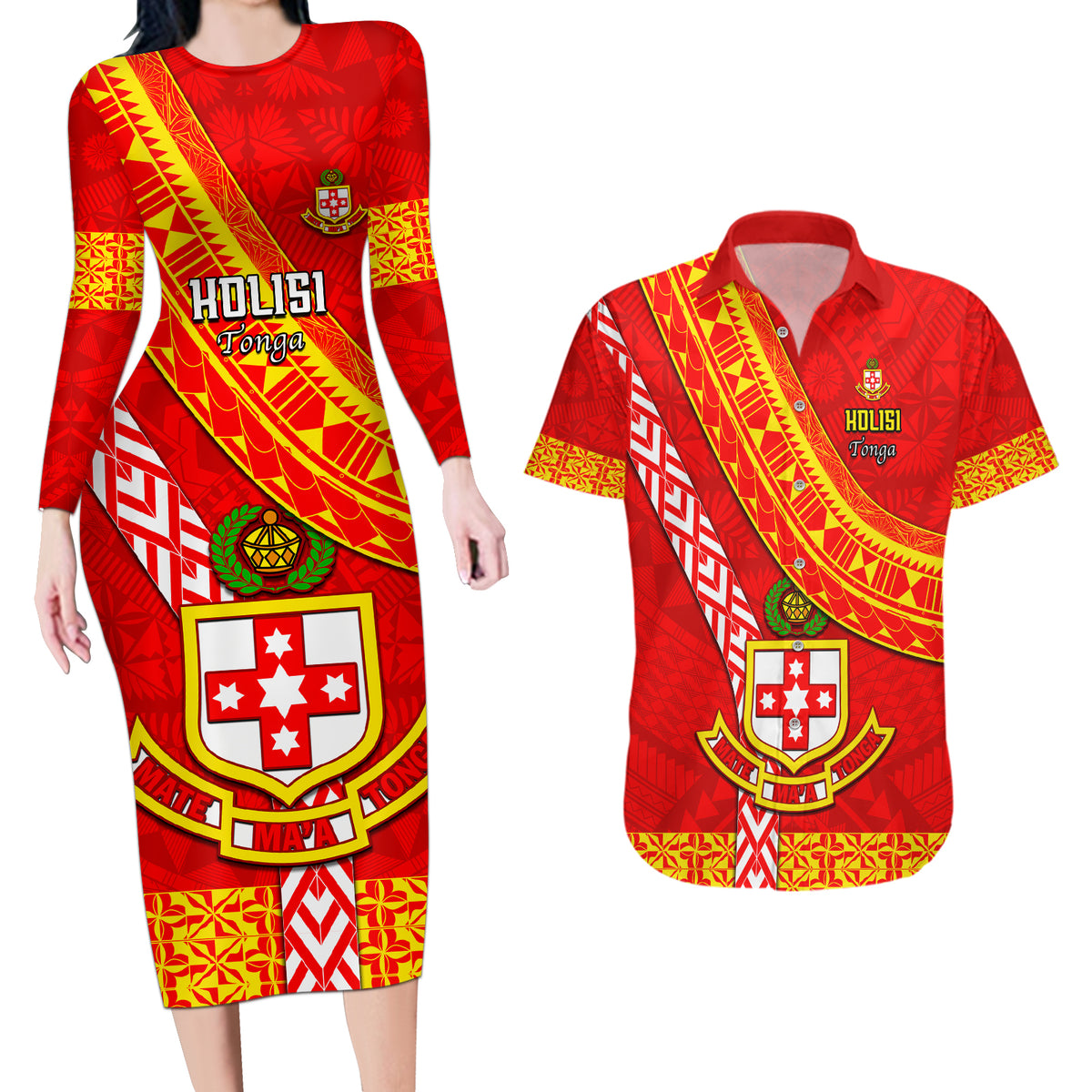 Custom Kolisi Tonga Couples Matching Long Sleeve Bodycon Dress and Hawaiian Shirt Tongan Kupesi Pattern LT05 Red - Polynesian Pride