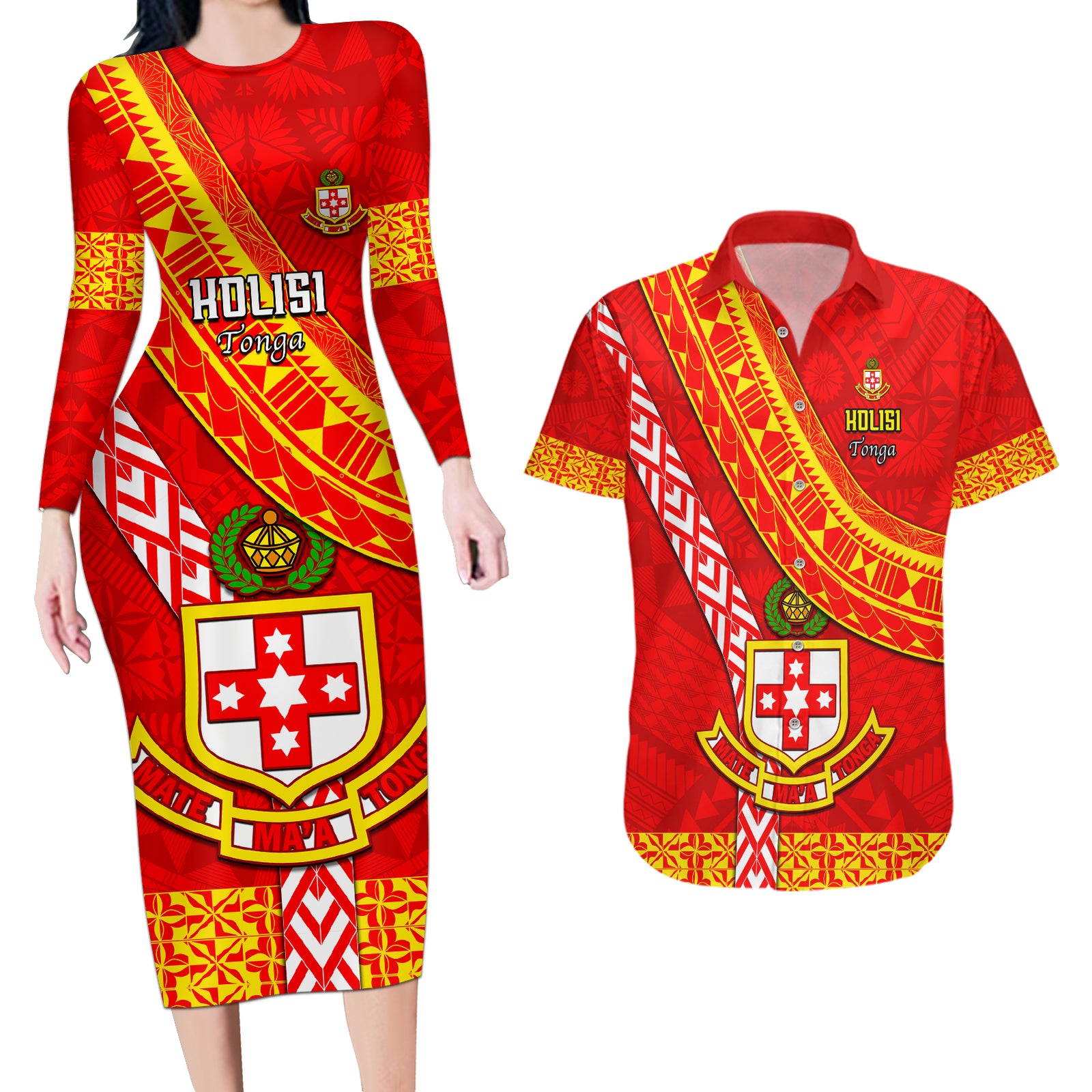 Custom Kolisi Tonga Couples Matching Long Sleeve Bodycon Dress and Hawaiian Shirt Tongan Kupesi Pattern LT05 Red - Polynesian Pride