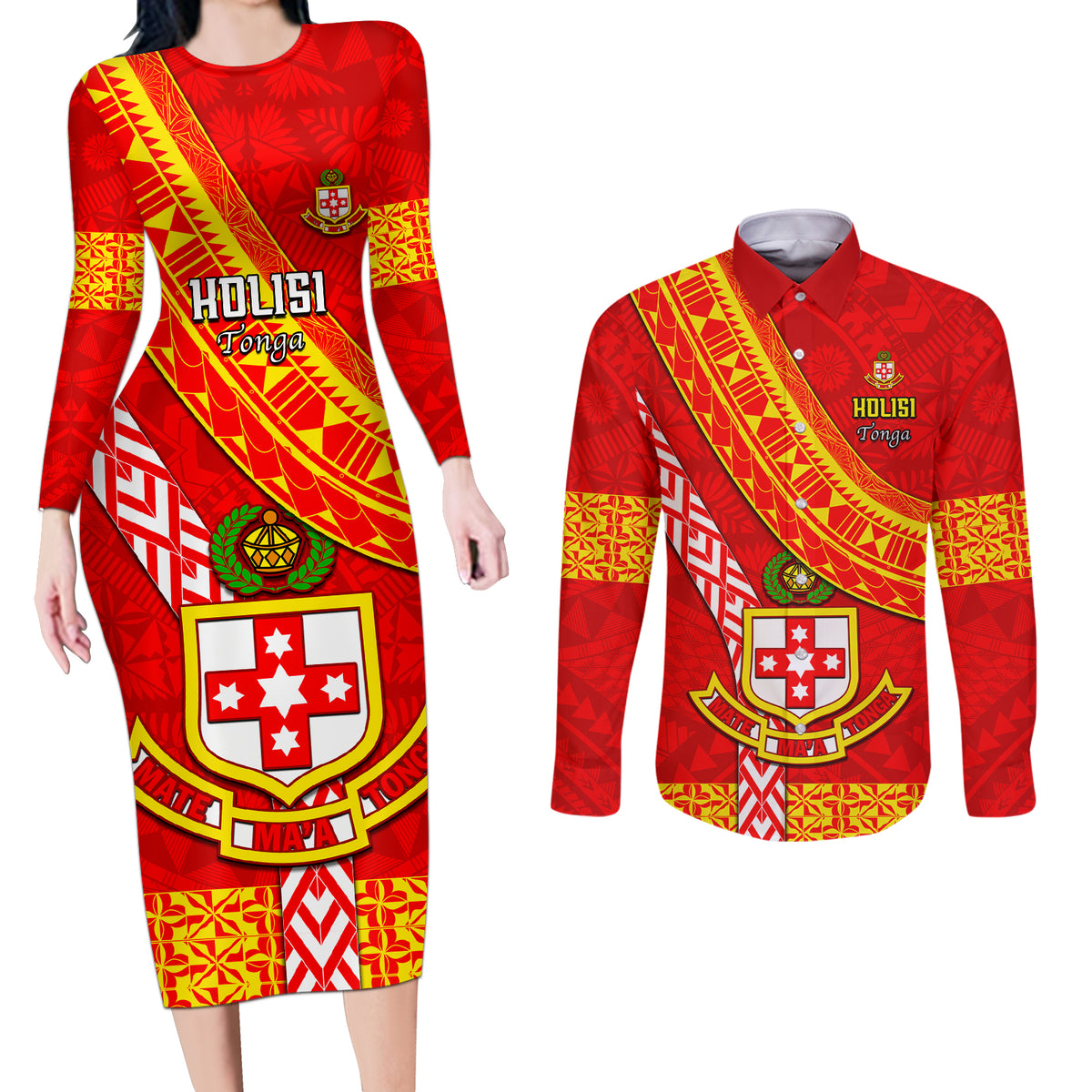 Custom Kolisi Tonga Couples Matching Long Sleeve Bodycon Dress and Long Sleeve Button Shirts Tongan Kupesi Pattern LT05 Red - Polynesian Pride