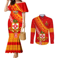 Custom Kolisi Tonga Couples Matching Mermaid Dress and Long Sleeve Button Shirts Tongan Kupesi Pattern LT05 Red - Polynesian Pride
