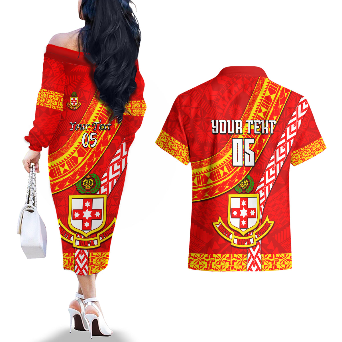 Custom Kolisi Tonga Couples Matching Off The Shoulder Long Sleeve Dress and Hawaiian Shirt Tongan Kupesi Pattern LT05 - Polynesian Pride