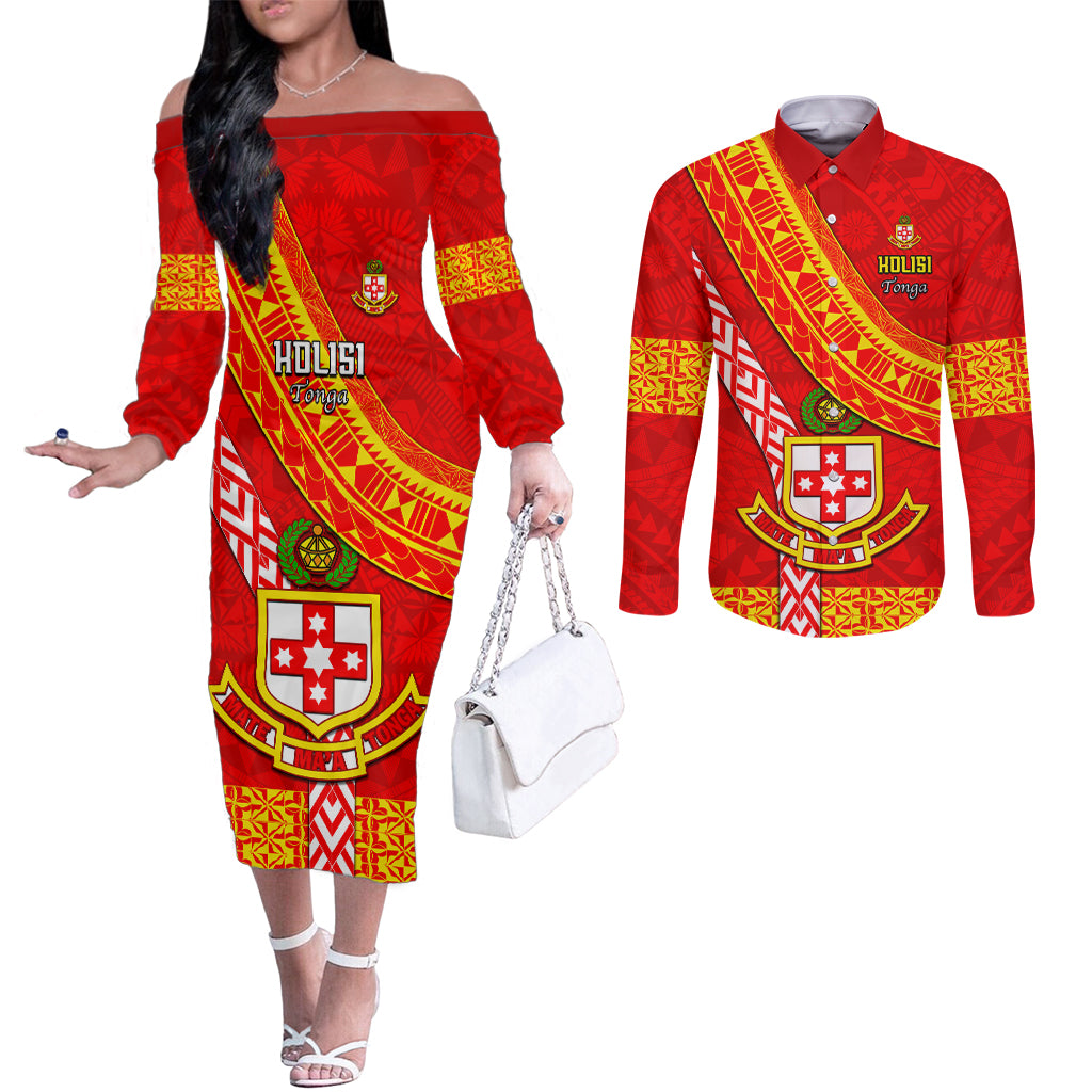 Custom Kolisi Tonga Couples Matching Off The Shoulder Long Sleeve Dress and Long Sleeve Button Shirts Tongan Kupesi Pattern LT05 Red - Polynesian Pride