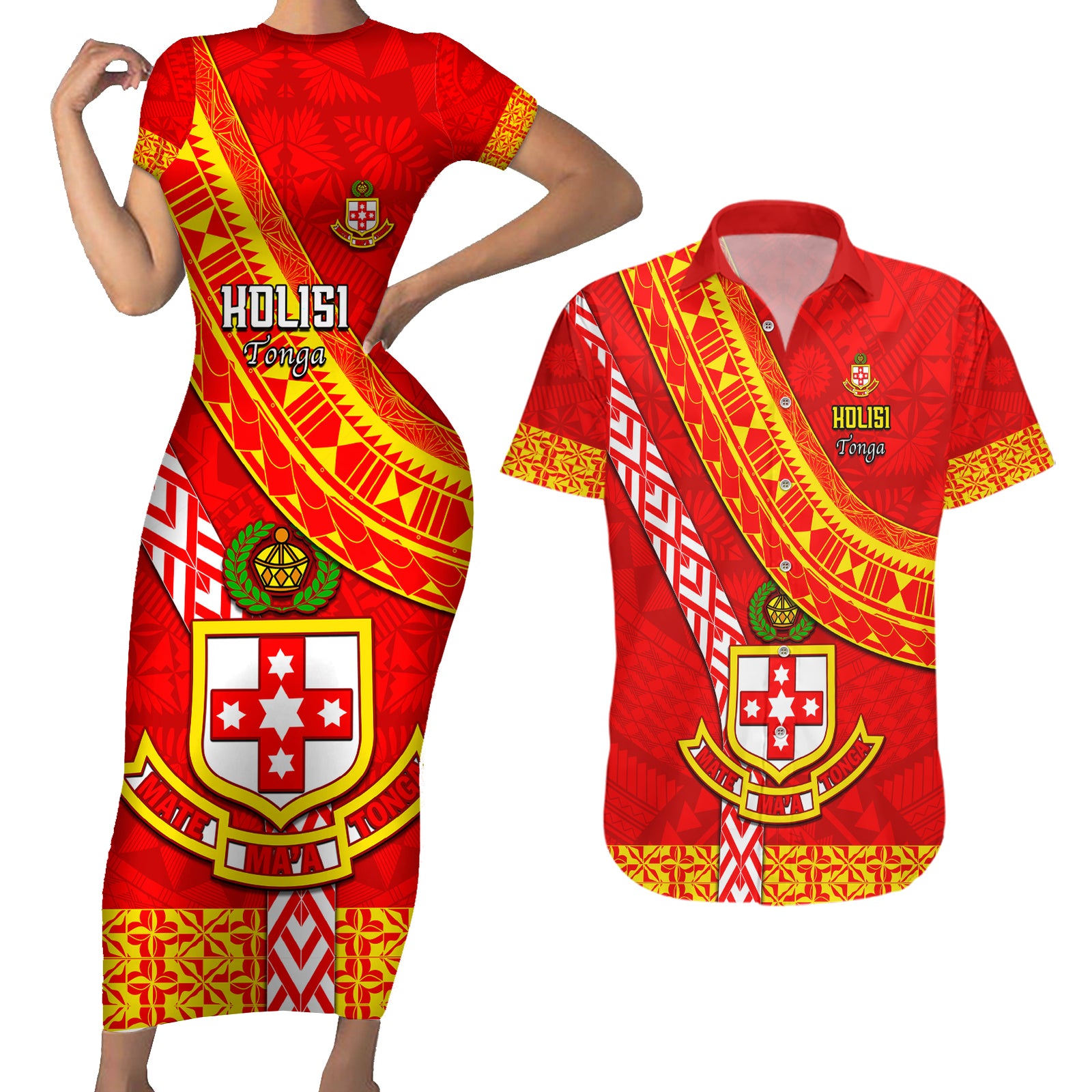 Custom Kolisi Tonga Couples Matching Short Sleeve Bodycon Dress and Hawaiian Shirt Tongan Kupesi Pattern LT05 Red - Polynesian Pride
