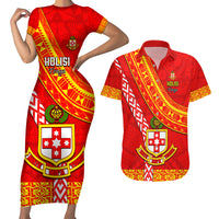 Custom Kolisi Tonga Couples Matching Short Sleeve Bodycon Dress and Hawaiian Shirt Tongan Kupesi Pattern LT05 Red - Polynesian Pride