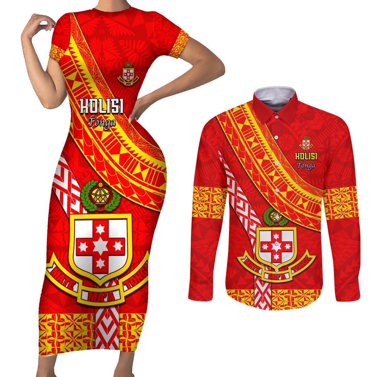 Custom Kolisi Tonga Couples Matching Short Sleeve Bodycon Dress and Long Sleeve Button Shirts Tongan Kupesi Pattern LT05 Red - Polynesian Pride