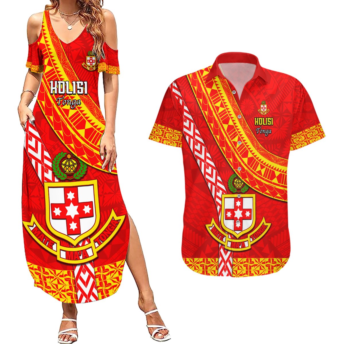 Custom Kolisi Tonga Couples Matching Summer Maxi Dress and Hawaiian Shirt Tongan Kupesi Pattern LT05 Red - Polynesian Pride