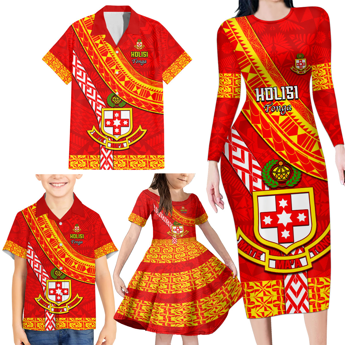 Custom Kolisi Tonga Family Matching Long Sleeve Bodycon Dress and Hawaiian Shirt Tongan Kupesi Pattern LT05 - Polynesian Pride