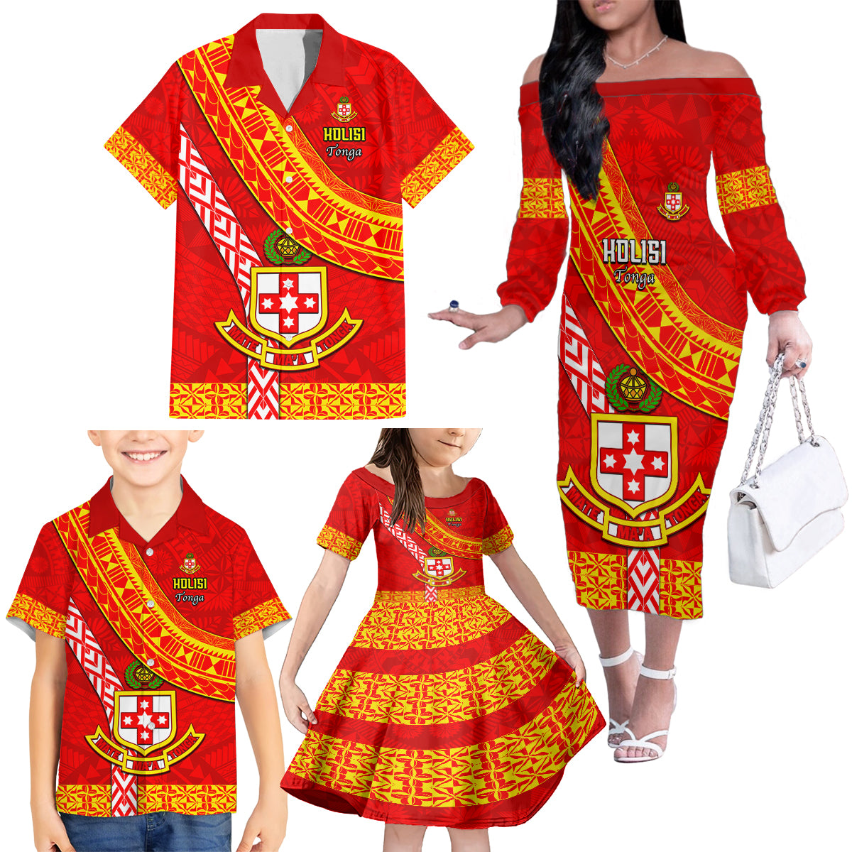 Custom Kolisi Tonga Family Matching Off Shoulder Long Sleeve Dress and Hawaiian Shirt Tongan Kupesi Pattern LT05 - Polynesian Pride